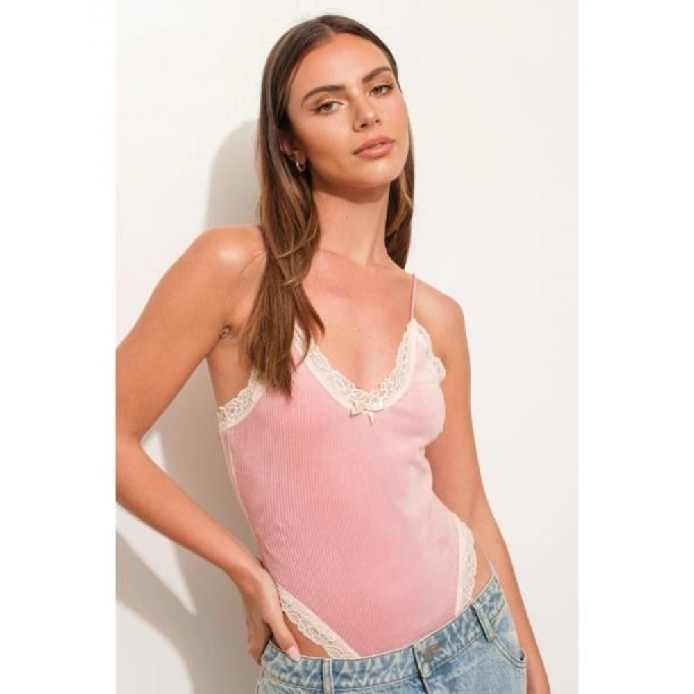 Pretty Garbage Pink Ribbed Lace Trim Bodysuit NWT Coquette Balletcore‎ Sz M